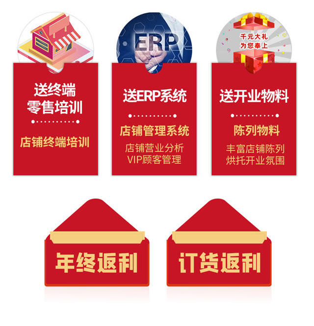 送道具、送形象標(biāo)識、送終端零售培訓(xùn)、送ERP系統(tǒng)、送開業(yè)開業(yè)物料、年終返利訂、貨會返利